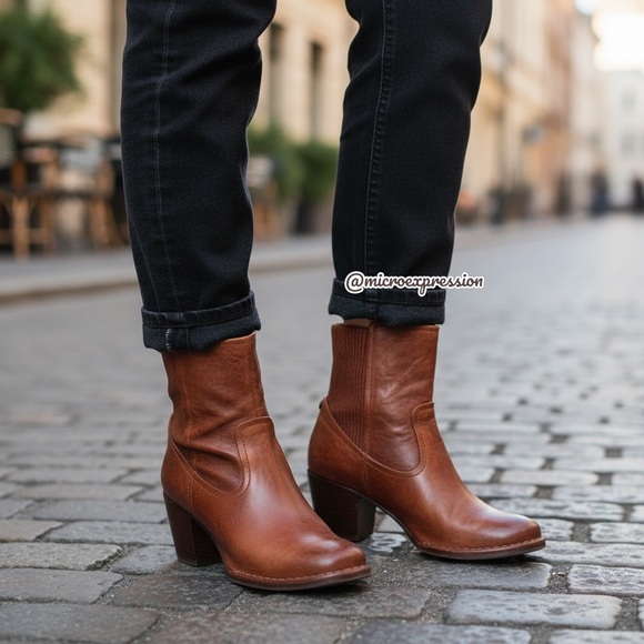 Frye Lucinda Scrunch Real Cognac Brown Leather Stretchy Heeled Short Ankle Boot - Picture 2 of 15